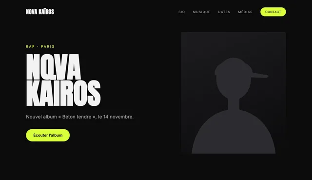 Maquette de site pour un artiste fictif : Nova Kaïros, rap.