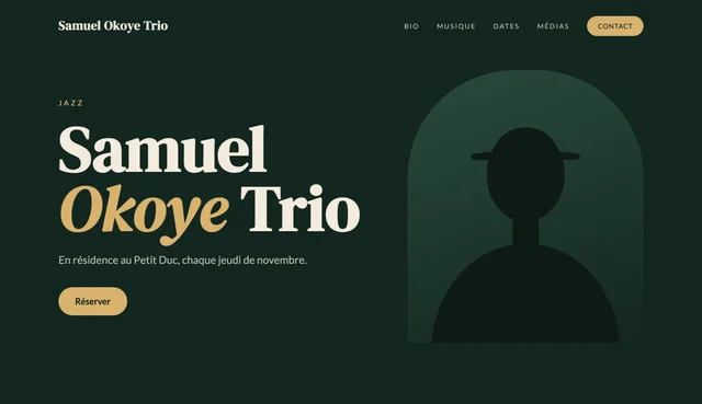 Maquette de site pour un artiste fictif : Samuel Okoye Trio, jazz.